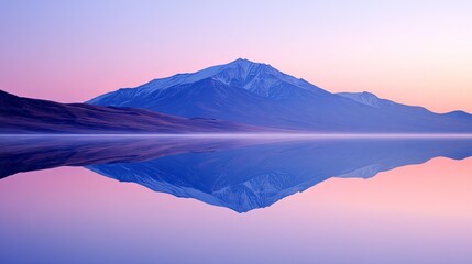 Sticker - A serene mountain landscape reflecting perfectly in calm water during twilight, showcasing soft pastel colors in the sky