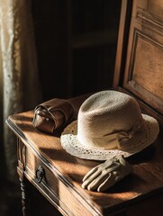 Aufkleber - A vintage ladies hat, accompanied by a leather clutch and glove, is elegantly displayed on a wooden table, softly illuminated by natural light. Generative AI