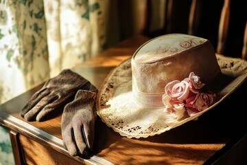 Aufkleber - A vintage ladies hat with a floral decoration is placed on a wooden table, accompanied by stylish dark gloves and illuminated by warm sunlight. Generative AI