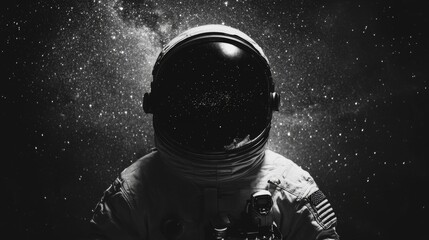 Wall Mural - Close-up of an astronaut's helmet against a starry background, emphasizing the reflective visor and minimalistic design