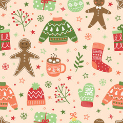 Wall Mural - colourful christmas seamless texture. cute hand drawn decorations. vector illustration