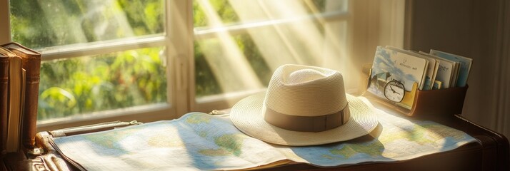 Poster - A travel hat is placed on an open suitcase next to maps and guides, creating a perfect setup for planning an exciting journey. Generative AI