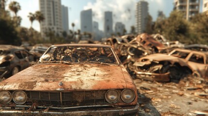 post apocalyptic urban landscape with abandoned cars amidst skyscrapers