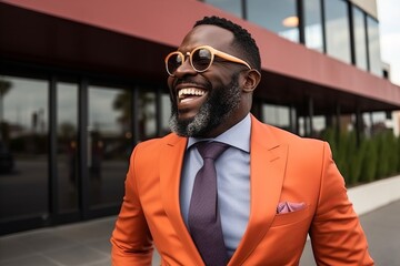 portrait of a smiling afro american man in orange suit and sunglasses