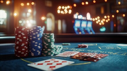 Stacks of poker chips on a felt table in a casino, with playing cards and dominoes nearby.