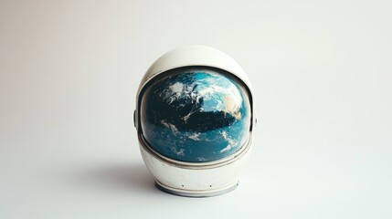 Wall Mural - A minimalistic astronaut helmet with a view of Earth reflected inside, showcasing the planet's blue oceans and white clouds