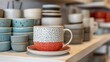 © Irina Kozel - A close-up of a handmade ceramic mug with a speckled design, displayed alongside various handcrafted pottery in a local gift shop