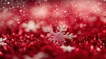Poster - Silver Snowflake Adorned with Red Tinsel and Falling Snow