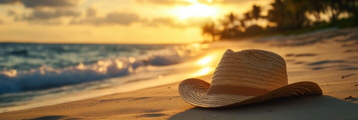 Aufkleber - A solitary straw hat lies on warm sand as the sun sets, casting a golden glow on the shoreline and reflecting in the water. Generative AI