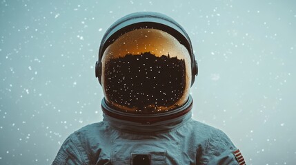 close-up of an astronaut wearing a reflective helmet with a snowy background, creating a minimalisti