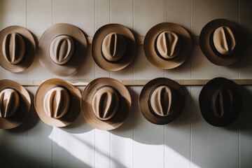 Poster - A collection of classic fedora hats hangs neatly on a wooden rack, illuminated by warm afternoon sunlight filtering through the room. Generative AI