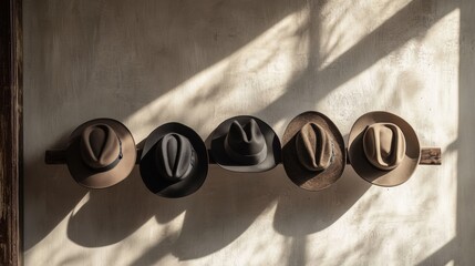Fototapete - Five classic fedora hats hang neatly on a wooden rack, illuminated by warm afternoon sunlight streaming through a window. Generative AI