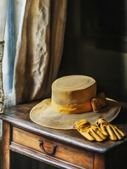 Aufkleber - A beautifully crafted vintage ladies hat rests beside matching gloves on a quaint wooden table, illuminated by soft natural light. Generative AI