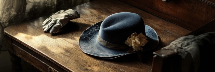 Poster - A vintage ladies hat adorned with flowers is placed on a rustic wooden table, accompanied by a pair of elegant gloves, creating a timeless atmosphere. Generative AI
