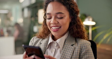Poster - Office, night and happy woman with smartphone for joke, text message and notification from contact. Chat, female person and smile with mobile for online update, digital client and reading information