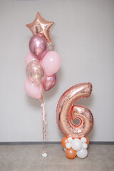 Wall Mural - pink number 6 balloon and pink helium balloons