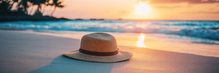 Poster - A straw hat lies on warm sand, capturing the beauty of a sunset with vibrant colors illuminating the sky and ocean waves. Generative AI