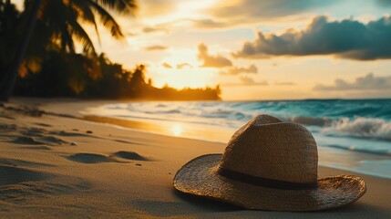 Poster - A straw hat lies on the warm sand of a beach, with gentle waves crashing and the sun setting behind palm trees, evoking a peaceful moment. Generative AI