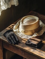 Aufkleber - An elegant vintage ladies hat rests on a rustic wooden table, accompanied by black gloves and a leather wallet, illuminated by soft morning light. Generative AI