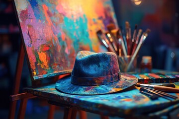 Aufkleber - A colorful artist’s hat lies next to paint tubes and brushes on an easel in a lively studio filled with artistic inspiration. Generative AI
