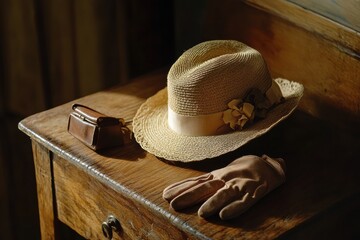 Aufkleber - An elegant vintage ladies hat sits gracefully on a wooden table, accompanied by stylish gloves and a small purse, evoking timeless beauty. Generative AI