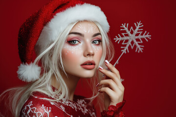 glamorous young woman in a festive red santa outfit with glittering snowflake and vibrant makeup on crimson background