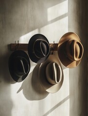 Aufkleber - Classic fedora hats in varied colors hang on a wooden rack, bathed in soft natural light, creating a warm and inviting atmosphere. Generative AI