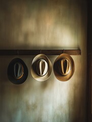 Leinwandbilder - Three classic fedora hats display their unique colors on a wooden rack, illuminated by soft, natural light in a cozy room. Generative AI