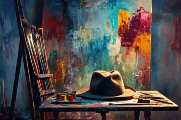 Poster - An artist's hat lies casually next to paint tubes and brushes on an easel in a vibrant, artistically inspiring environment. Generative AI
