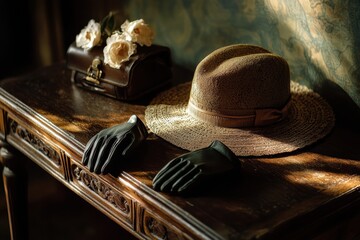 Poster - An elegant vintage ladies hat rests beside black gloves and a decorative purse atop an ornate wooden table bathed in warm light. Generative AI