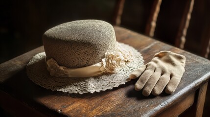 Aufkleber - A vintage ladies hat with intricate detailing sits elegantly on a wooden table next to a pair of soft gloves, evoking a sense of nostalgia. Generative AI
