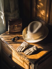 Aufkleber - A beautifully crafted vintage ladies hat lies on a warm wooden table with white gloves and stylish sunglasses, capturing a nostalgic moment. Generative AI