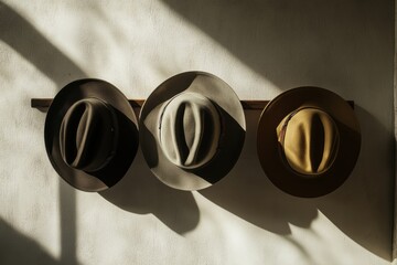 Aufkleber - Classic fedora hats of various colors rest on a wooden rack, illuminated by warm light, creating a cozy atmosphere in the room. Generative AI