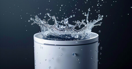 Poster - Water splashes against a white cylinder, creating a crown of droplets against a dark background