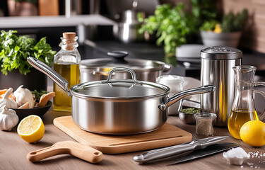 A stainless steel pot sits on a cutting board in a kitchen