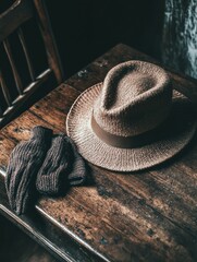 Aufkleber - An exquisite vintage ladies hat lies on a rustic table paired with soft knit gloves, creating a warm, inviting atmosphere. Generative AI