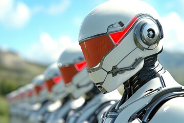 Poster - Futuristic Robots Lined up in a Sunny Landscape During Science Fiction Day Celebration