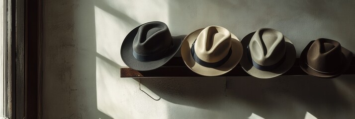 Fototapete - Several classic fedora hats are neatly arranged on a shelf, illuminated by soft sunlight creating elegant shadows in the room. Generative AI