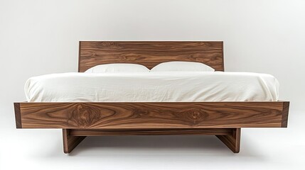 Poster - Elegant Wooden Bed With White Sheets in a Minimalist Setting Generative AI