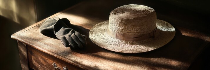 Aufkleber - A timeless vintage ladies hat is beautifully placed on a wooden table next to sleek gloves, illuminated by warm, natural light. Generative AI