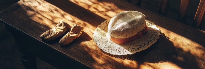Aufkleber - The elegant vintage ladies hat and golden gloves are beautifully displayed on a gently lit wooden table, creating a warm ambiance. Generative AI