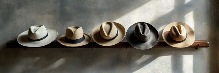 Aufkleber - Several classic fedora hats in varying colors rest on a rustic wooden shelf, illuminated by gentle morning light filtering in. Generative AI