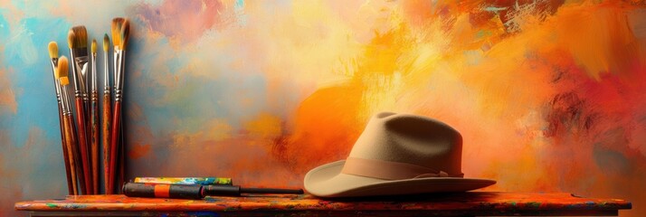 Leinwandbilder - A worn artist's hat lies next to a collection of paint tubes and brushes, showcasing a vibrant workspace alive with creativity. Generative AI