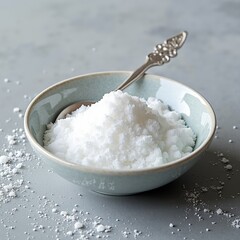 Sea salt in ceramic bowl with vintage spoon - perfect for culinary blogs, cooking websites, health articles, and gourmet food photography