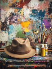 Poster - A casual artist's hat lies next to vibrant paint tubes and brushes on an easel in a studio bursting with colorful expression. Generative AI
