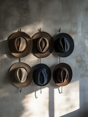 Fototapete - Several classic fedora hats hang on hooks, showcasing a blend of materials and colors under soft, warm light in a cozy setting. Generative AI