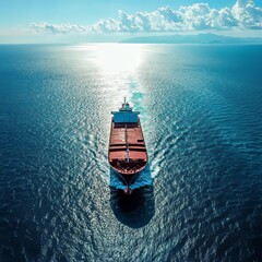 A large ship sails across the vast blue ocean.