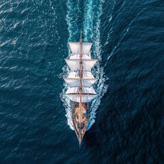 A large ship sails across the vast blue ocean.