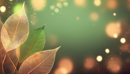 Wall Mural - Delicate leaves with a green and golden bokeh background, capturing a serene and dreamy ambiance.