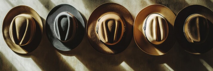 Aufkleber - A collection of classic fedora hats in varying shades arranged neatly, highlighting their distinctive design and craftsmanship. Generative AI